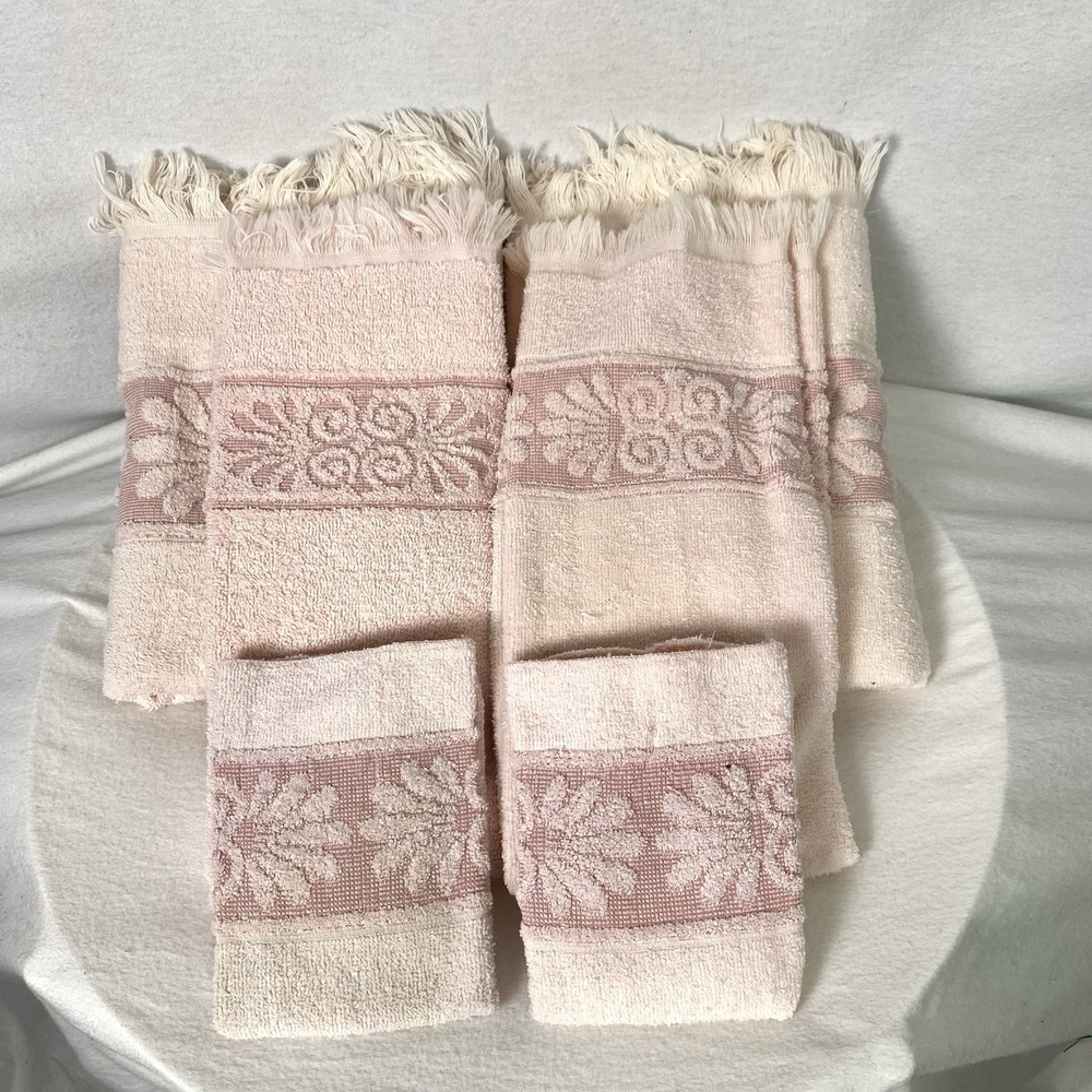 6 Piece Vintage Cannon Hand Towel Wash Cloth Bath 2 Each Santa Cruz Pink Fringe
